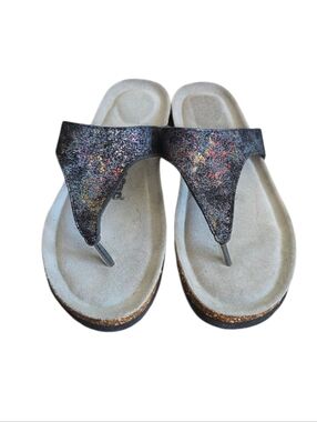 SoftMoc Black Glitter Thong Sandals Size 10 Womens Cork Footbed Comfort Slip On